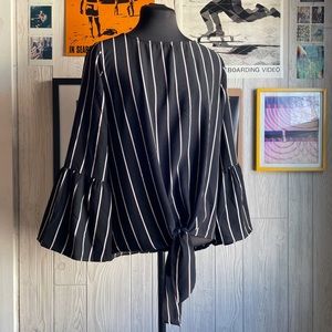 Striped Black Bell Sleeve with Tie Front Casual Spring Business Casual Office